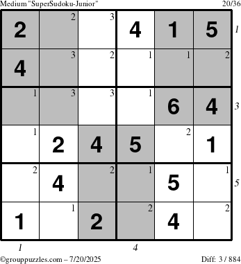 The grouppuzzles.com Medium SuperSudoku-Junior puzzle for Sunday July 20, 2025 with all 3 steps marked