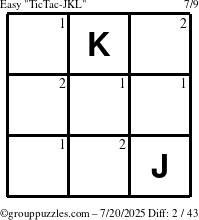 The grouppuzzles.com Easy TicTac-JKL puzzle for Sunday July 20, 2025 with the first 2 steps marked