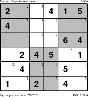 The grouppuzzles.com Medium SuperSudoku-Junior puzzle for Sunday July 20, 2025 with the first 3 steps marked