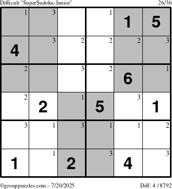 The grouppuzzles.com Difficult SuperSudoku-Junior puzzle for Sunday July 20, 2025 with the first 3 steps marked