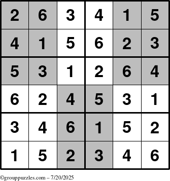 The grouppuzzles.com Answer grid for the SuperSudoku-Junior puzzle for Sunday July 20, 2025