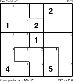 The grouppuzzles.com Easy Sudoku-5 puzzle for Sunday July 20, 2025 with the first 3 steps marked