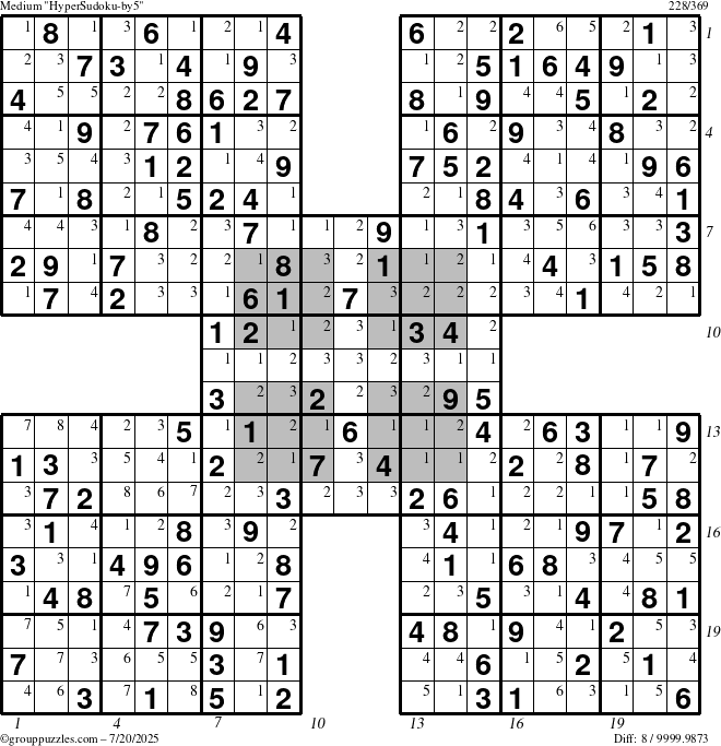 The grouppuzzles.com Medium HyperSudoku-by5 puzzle for Sunday July 20, 2025 with all 8 steps marked