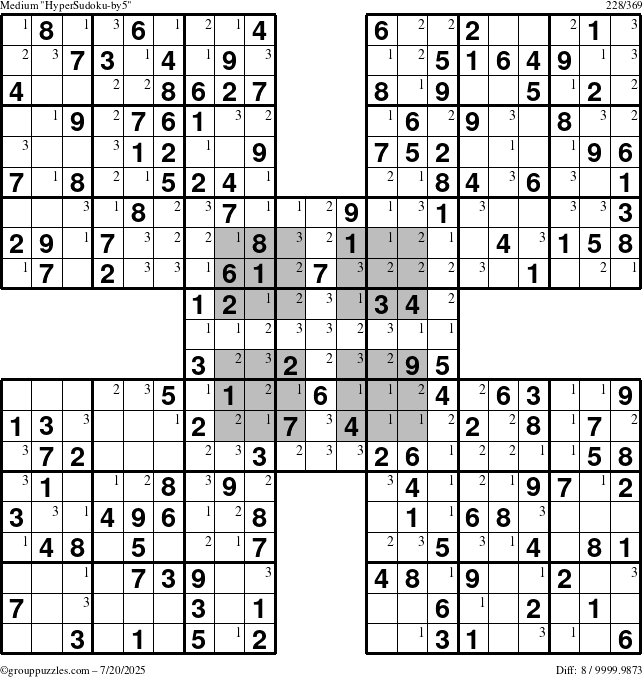 The grouppuzzles.com Medium HyperSudoku-by5 puzzle for Sunday July 20, 2025 with the first 3 steps marked