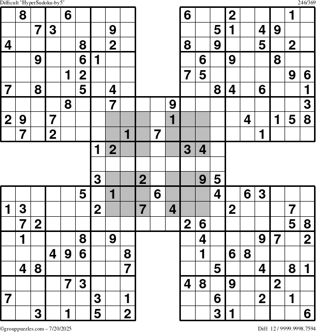 The grouppuzzles.com Difficult HyperSudoku-by5 puzzle for Sunday July 20, 2025