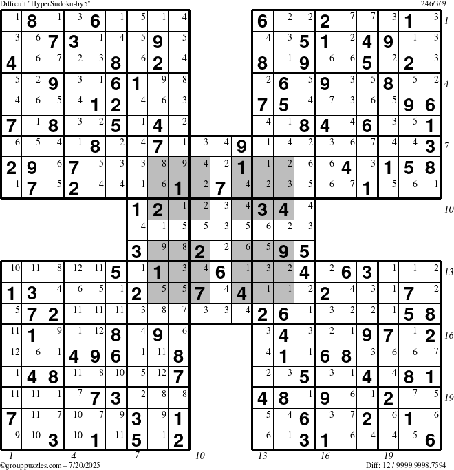 The grouppuzzles.com Difficult HyperSudoku-by5 puzzle for Sunday July 20, 2025 with all 12 steps marked