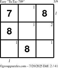The grouppuzzles.com Easy TicTac-789 puzzle for Sunday July 20, 2025 with all 2 steps marked