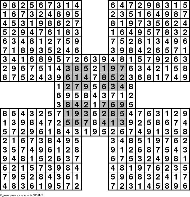 The grouppuzzles.com Answer grid for the HyperSudoku-by5 puzzle for Sunday July 20, 2025
