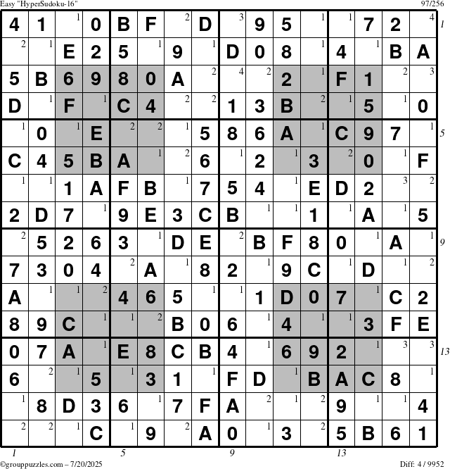 The grouppuzzles.com Easy HyperSudoku-16 puzzle for Sunday July 20, 2025 with all 4 steps marked