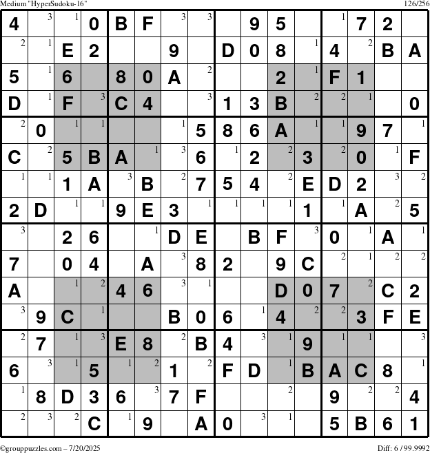 The grouppuzzles.com Medium HyperSudoku-16 puzzle for Sunday July 20, 2025 with the first 3 steps marked
