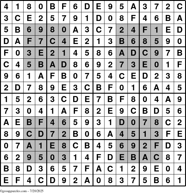 The grouppuzzles.com Answer grid for the HyperSudoku-16 puzzle for Sunday July 20, 2025