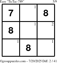 The grouppuzzles.com Easy TicTac-789 puzzle for Sunday July 20, 2025 with the first 2 steps marked