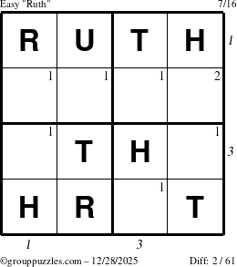 The grouppuzzles.com Easy Ruth puzzle for Sunday December 28, 2025, suitable for printing, with all 2 steps marked