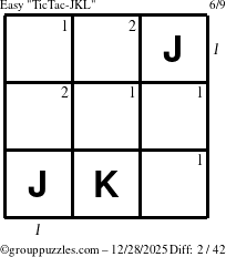The grouppuzzles.com Easy TicTac-JKL puzzle for Sunday December 28, 2025, suitable for printing, with all 2 steps marked