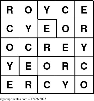 The grouppuzzles.com Answer grid for the Royce puzzle for Sunday December 28, 2025
