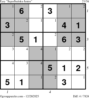 The grouppuzzles.com Easy SuperSudoku-Junior puzzle for Sunday December 28, 2025, suitable for printing, with all 4 steps marked