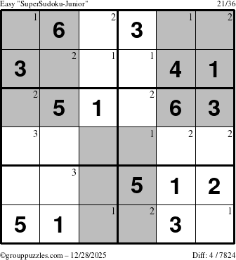 The grouppuzzles.com Easy SuperSudoku-Junior puzzle for Sunday December 28, 2025 with the first 3 steps marked