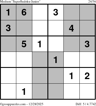 The grouppuzzles.com Medium SuperSudoku-Junior puzzle for Sunday December 28, 2025