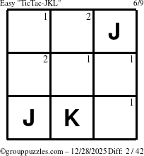 The grouppuzzles.com Easy TicTac-JKL puzzle for Sunday December 28, 2025 with the first 2 steps marked