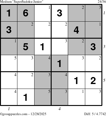 The grouppuzzles.com Medium SuperSudoku-Junior puzzle for Sunday December 28, 2025, suitable for printing, with all 5 steps marked