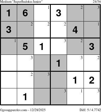 The grouppuzzles.com Medium SuperSudoku-Junior puzzle for Sunday December 28, 2025 with the first 3 steps marked