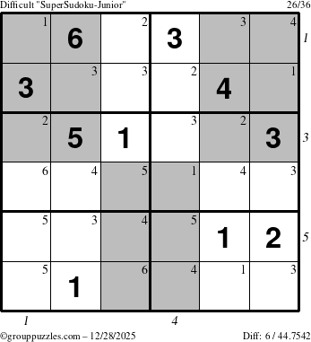 The grouppuzzles.com Difficult SuperSudoku-Junior puzzle for Sunday December 28, 2025 with all 6 steps marked