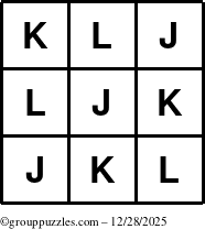 The grouppuzzles.com Answer grid for the TicTac-JKL puzzle for Sunday December 28, 2025