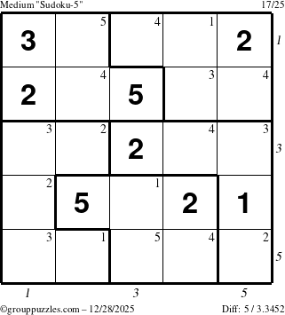 The grouppuzzles.com Medium Sudoku-5 puzzle for Sunday December 28, 2025, suitable for printing, with all 5 steps marked