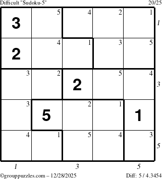 The grouppuzzles.com Difficult Sudoku-5 puzzle for Sunday December 28, 2025 with all 5 steps marked