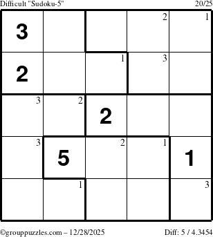 The grouppuzzles.com Difficult Sudoku-5 puzzle for Sunday December 28, 2025 with the first 3 steps marked