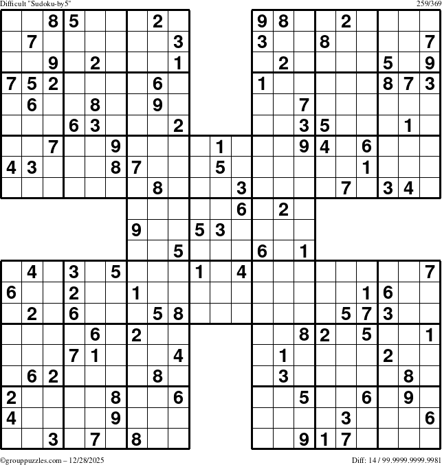 The grouppuzzles.com Difficult Sudoku-by5 puzzle for Sunday December 28, 2025