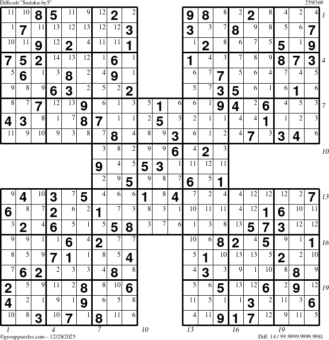 The grouppuzzles.com Difficult Sudoku-by5 puzzle for Sunday December 28, 2025, suitable for printing, with all 14 steps marked