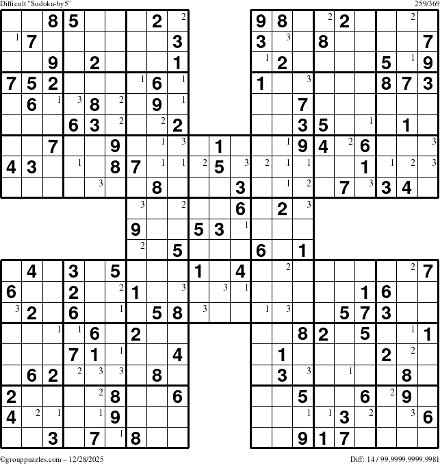 The grouppuzzles.com Difficult Sudoku-by5 puzzle for Sunday December 28, 2025 with the first 3 steps marked