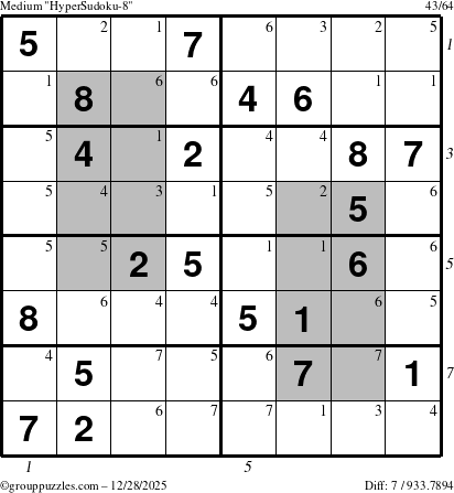 The grouppuzzles.com Medium HyperSudoku-8 puzzle for Sunday December 28, 2025, suitable for printing, with all 7 steps marked
