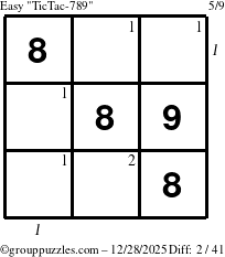 The grouppuzzles.com Easy TicTac-789 puzzle for Sunday December 28, 2025, suitable for printing, with all 2 steps marked