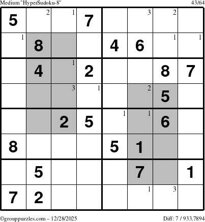 The grouppuzzles.com Medium HyperSudoku-8 puzzle for Sunday December 28, 2025 with the first 3 steps marked