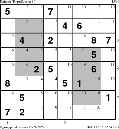 The grouppuzzles.com Difficult HyperSudoku-8 puzzle for Sunday December 28, 2025 with all 11 steps marked
