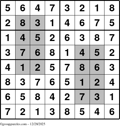 The grouppuzzles.com Answer grid for the HyperSudoku-8 puzzle for Sunday December 28, 2025