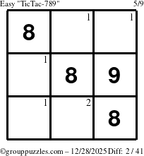 The grouppuzzles.com Easy TicTac-789 puzzle for Sunday December 28, 2025 with the first 2 steps marked