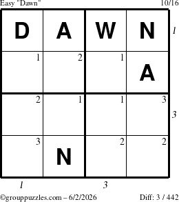 The grouppuzzles.com Easy Dawn puzzle for Tuesday June 2, 2026, suitable for printing, with all 3 steps marked