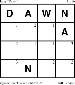 The grouppuzzles.com Easy Dawn puzzle for Tuesday June 2, 2026 with the first 3 steps marked