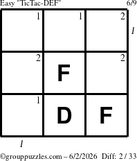 The grouppuzzles.com Easy TicTac-DEF puzzle for Tuesday June 2, 2026, suitable for printing, with all 2 steps marked