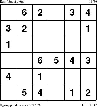 The grouppuzzles.com Easy Sudoku-6up puzzle for Tuesday June 2, 2026