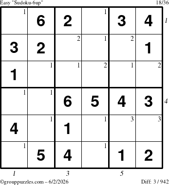 The grouppuzzles.com Easy Sudoku-6up puzzle for Tuesday June 2, 2026, suitable for printing, with all 3 steps marked