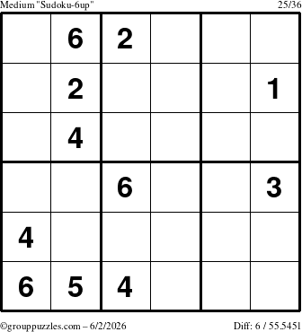 The grouppuzzles.com Medium Sudoku-6up puzzle for Tuesday June 2, 2026