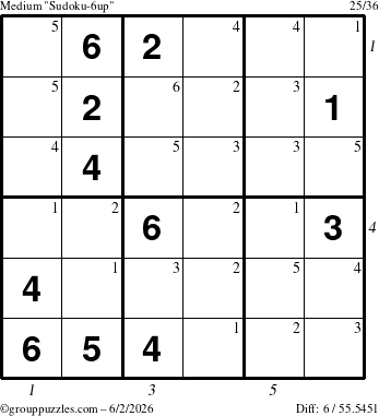 The grouppuzzles.com Medium Sudoku-6up puzzle for Tuesday June 2, 2026, suitable for printing, with all 6 steps marked