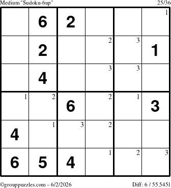 The grouppuzzles.com Medium Sudoku-6up puzzle for Tuesday June 2, 2026 with the first 3 steps marked
