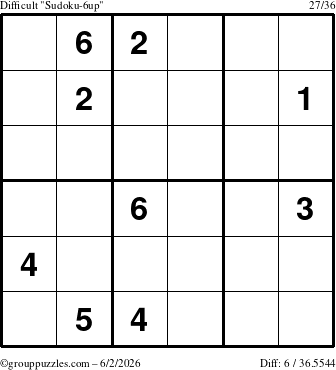 The grouppuzzles.com Difficult Sudoku-6up puzzle for Tuesday June 2, 2026