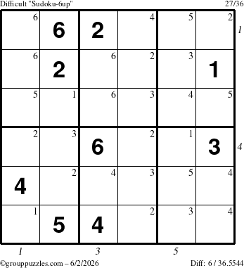 The grouppuzzles.com Difficult Sudoku-6up puzzle for Tuesday June 2, 2026, suitable for printing, with all 6 steps marked