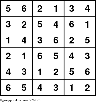 The grouppuzzles.com Answer grid for the Sudoku-6up puzzle for Tuesday June 2, 2026